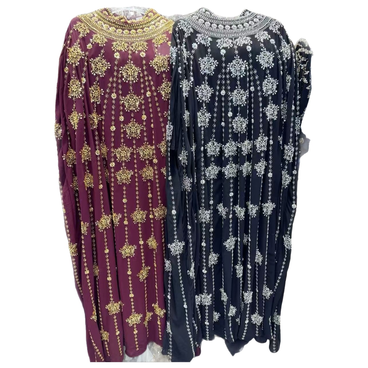 Robe de soirée longue élégante pour femme, ornée de perles, style Moyen-Orient, travail artisanal de luxe, idéale pour cérémonie