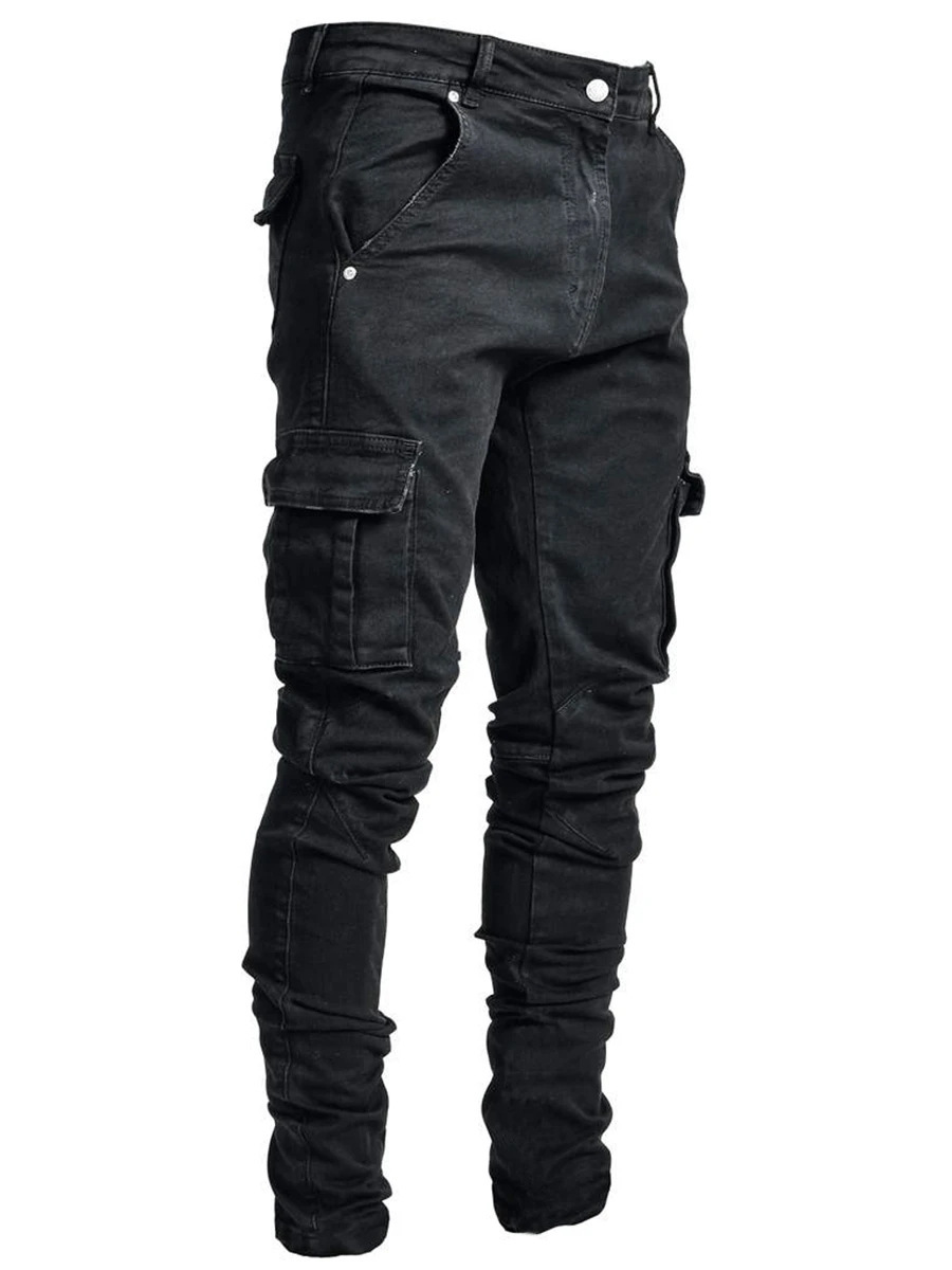 2025 nouveaux hommes rue élastique Denim marque jean jambes étroites Multi poches Cargo pantalon décontracté coupe ajustée usage quotidien Joggers taille moyenne