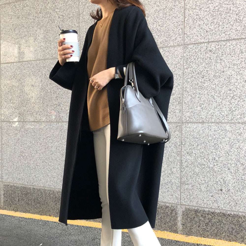 Femmes Cardigan mélanges col rond longs manteaux décontracté droit laine manteau coupe ample manches longues solide épissure vêtements d'extérieur régulier 2025