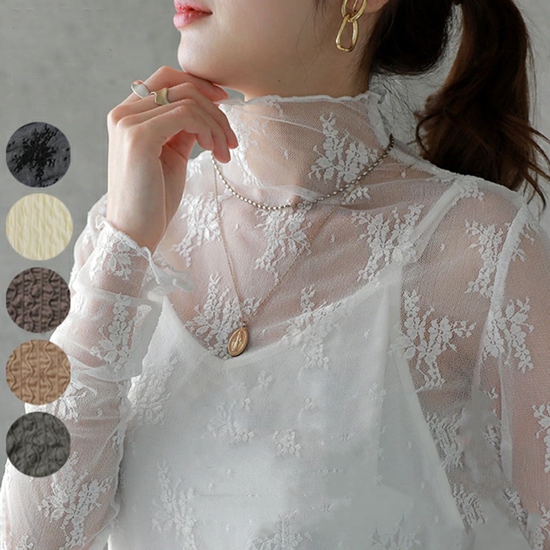 Chemisier à fond en dentelle à col mi-haut pour femme, t-shirt à manches longues, haut court en maille creuse, style occidental sexy, printemps et automne