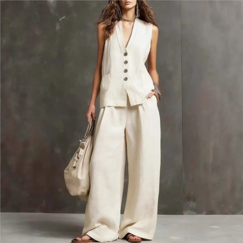 Ensemble deux pièces décontracté en lin et coton pour femme, style mode, avec haut gilet à col en V et pantalon large, idéal pour l'été