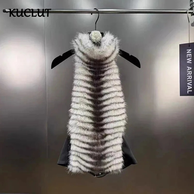 KUCLUT 2025 automne nouveau Y2K imprimé dégradé col montant fourrure Patchwork licou gilet réglable pour les femmes dos nu débardeurs 1A1231
