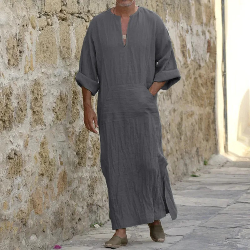 Hommes lin doux Robes musulmanes Abaya dubaï arabe robe islamique vêtements caftan Jubba Thobe Qamis Homme Islam Costumes traditionnels $