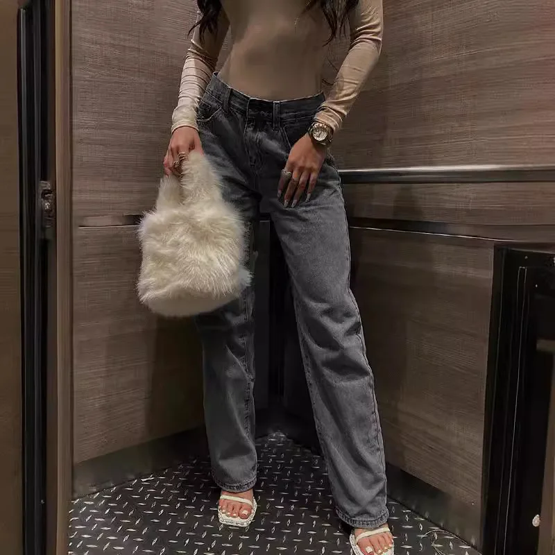 Jean tendance taille haute pour femme, jean slim à jambes droites, couleur unie, finition vieillie, pantalon à fermeture éclair boutonnée