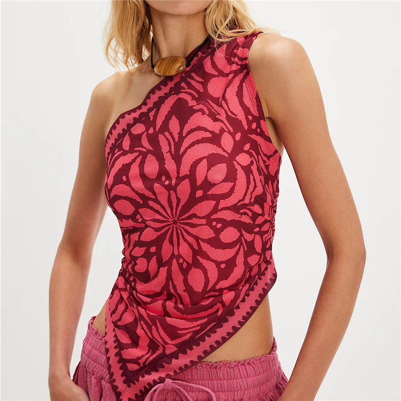 Crop top asymétrique à imprimé mandala bohème pour femme, froncé sur le côté, ourlet irrégulier, dos smocké, cache-maillot de plage, camisole streetwear