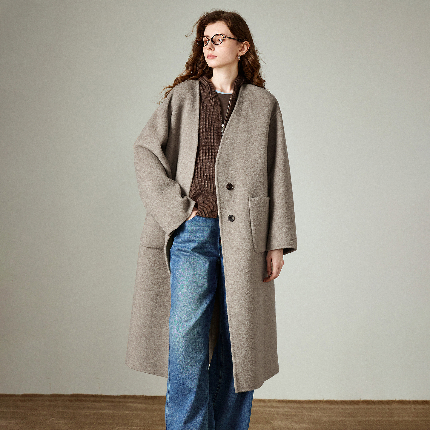 TOYOUTH femmes manteau en laine 2025 hiver nouveau col en V mi-long rétro femme pardessus veste Camel noir gris