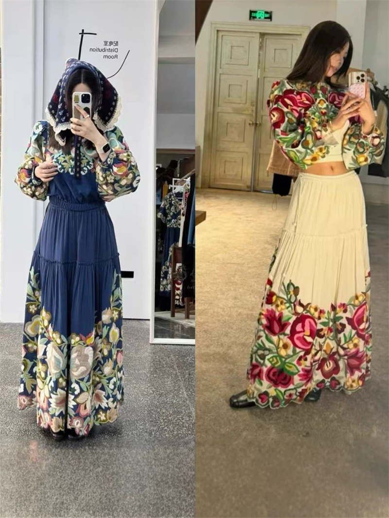 Blouse à manches lanternes et col rond pour femme, brodée de fleurs colorées, ou jupe trapèze à taille élastique avec lacets, nouvelle collection automne.