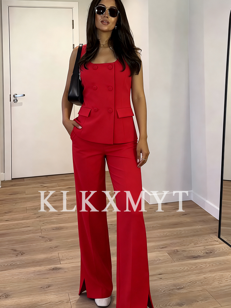 Femmes 2 pièces ensembles nouvelle mode bureau gilet haut + fendu jambe droite pantalon femmes costume formel deux pièces ensemble femmes tenue