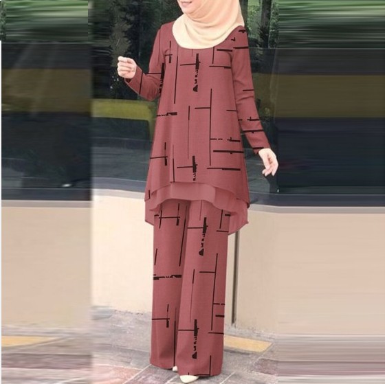 Ensemble 2 Pièces pour Femmes Musulmanes : Blouse et Pantalon Large Imprimé – Tenue de Ramadan, Maroc, Dubaï, Islam, Aïd 2026