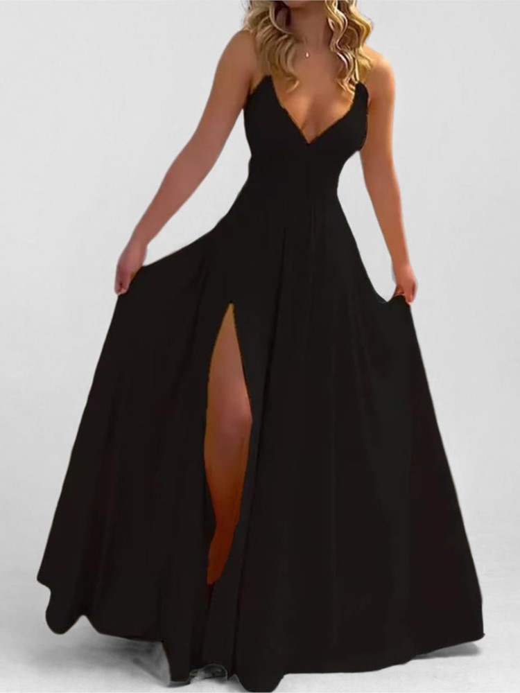 Robe longue tendance pour femme, col en V, dos nu, sans manches, à fines bretelles, taille haute, style débardeur, pour fêtes, rendez-vous et shopping