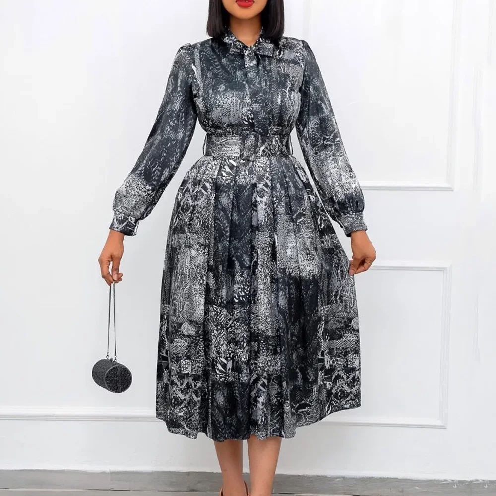 Robes vintage élégantes pour femmes, col nœud, manches longues, ceinture à la taille, ligne A, mi-mollet, fête d'anniversaire, robe éducative