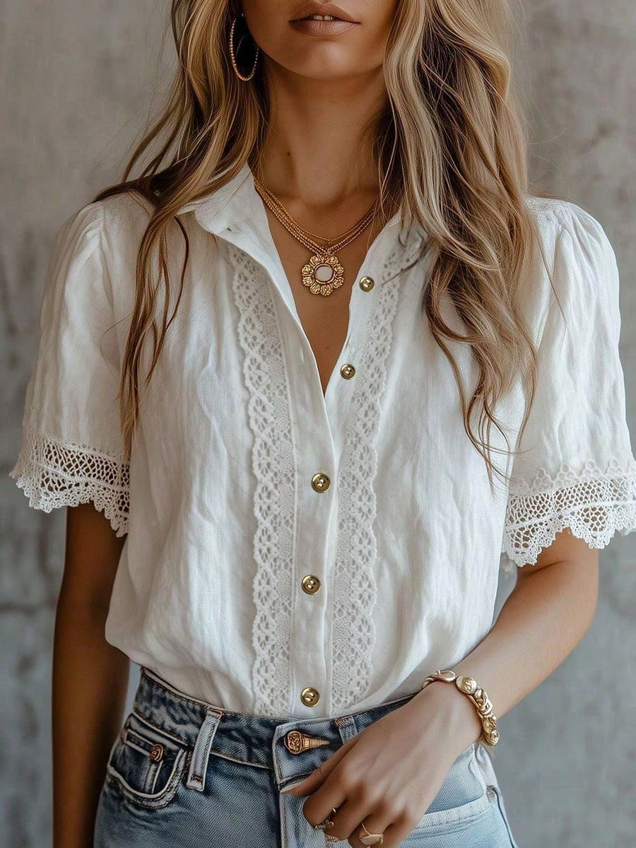 Chemise élégante pour femme avec broderie unie et patchwork en dentelle, idéale pour un usage quotidien à la maison et peut être portée en toutes saisons