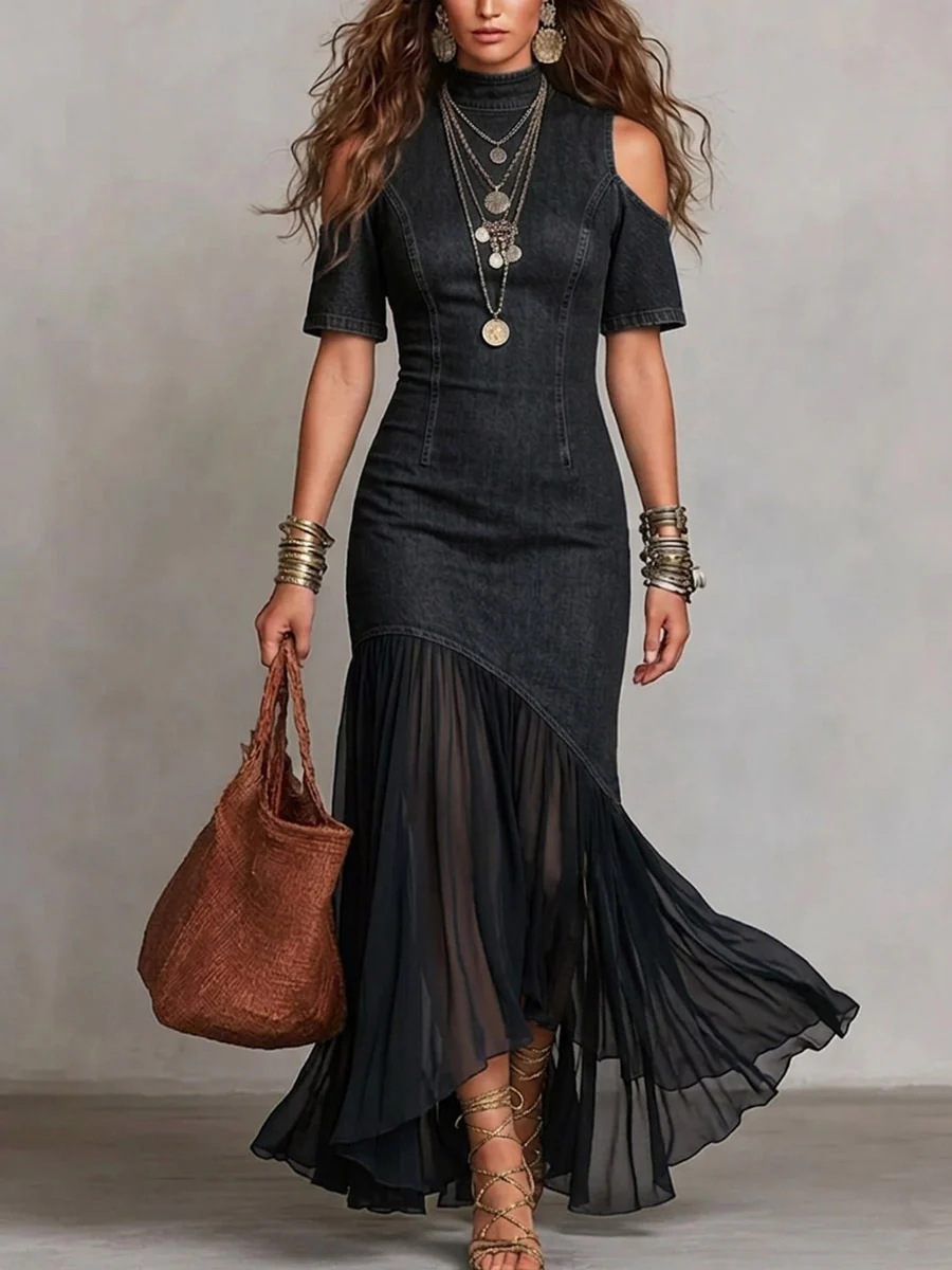 Robe longue élégante en jean pour femme, à manches courtes, col montant, avec empiècements en mousseline plissée, épaules dénudées, style vintage décontracté et coupe ajustée