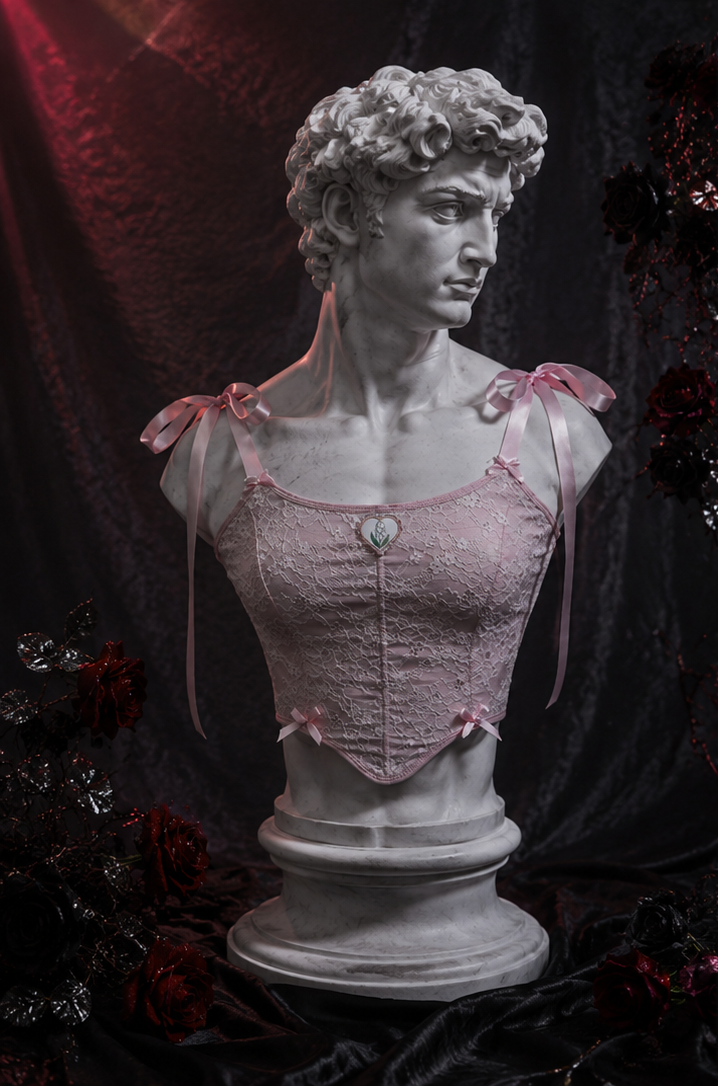 【Fragments.】 Un choix, pas de plus.】Gilet rose tendance pour femme avec bretelles à panneaux en dentelle rétro et grand nœud