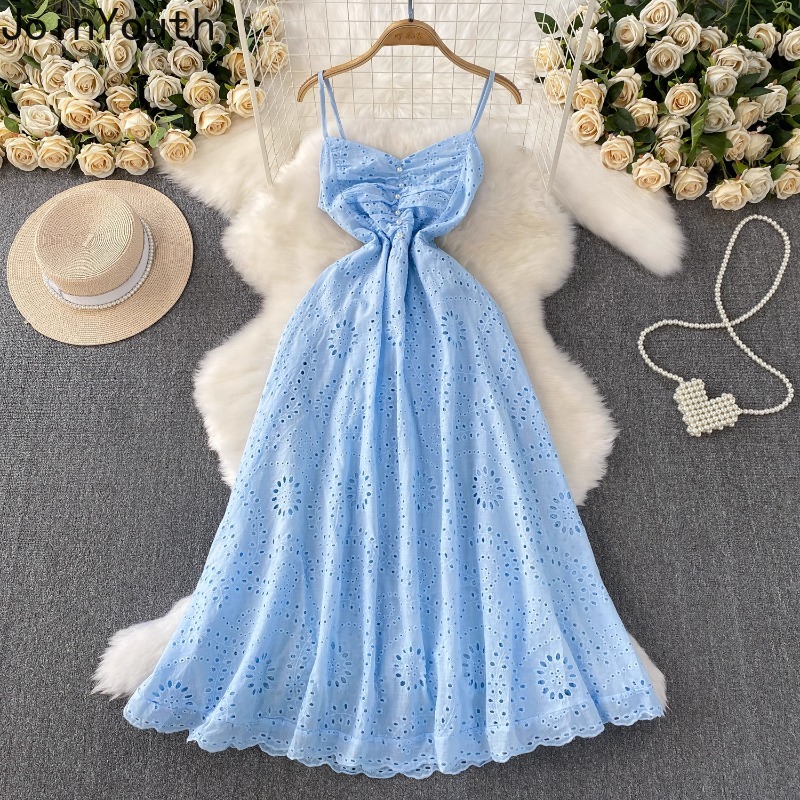 Robe rose Femme col en v manches robes femmes 2025 robes De Mujer évider broderie taille haute grande balançoire été Maxi Drrss