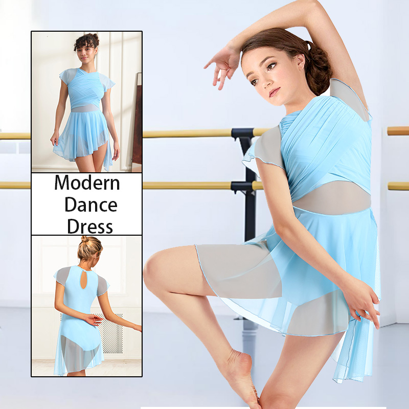 Robe de danse moderne lyrique à manches courtes pour femmes, avec jupe asymétrique en maille haute et basse et doublure douce, robe justaucorps Camisole