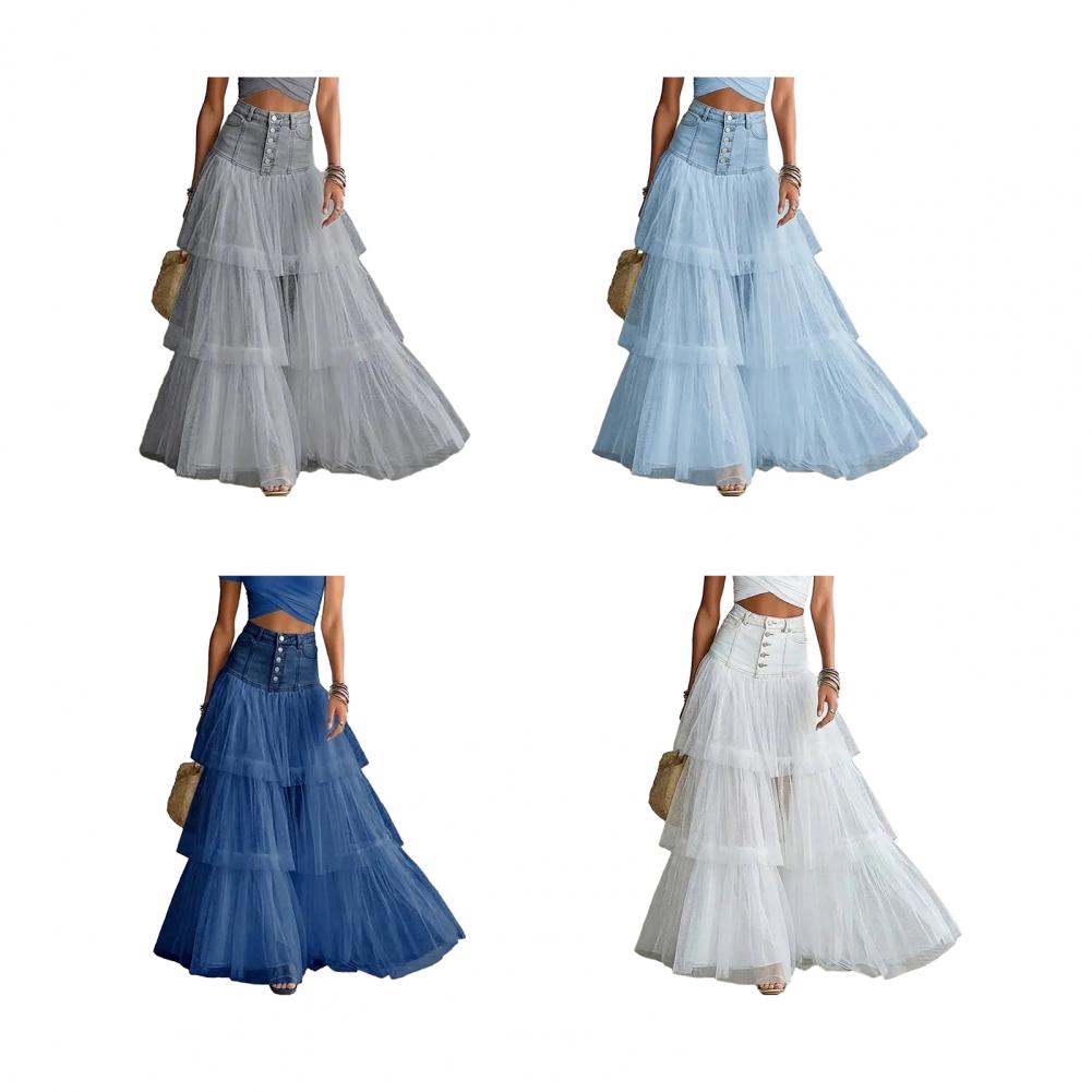 Jupe longue pour femme, taille haute, à volants moelleux, superposée, en tulle uni, style jupe à étages, pour mariage, fête, danse, ou comme sous-jupe de robe