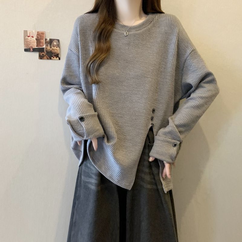 T-shirt à manches longues pour femmes, grande taille, nouvelle collection printemps-automne, décontracté, ample, texture fine, à rayures, fendu
