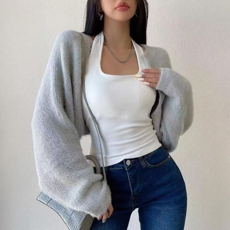 Cardigan court à col rond pour femmes, tunique à manches longues, pulls côtelés solides, vestes à la mode, vêtements coréens Sucirculation Mujer