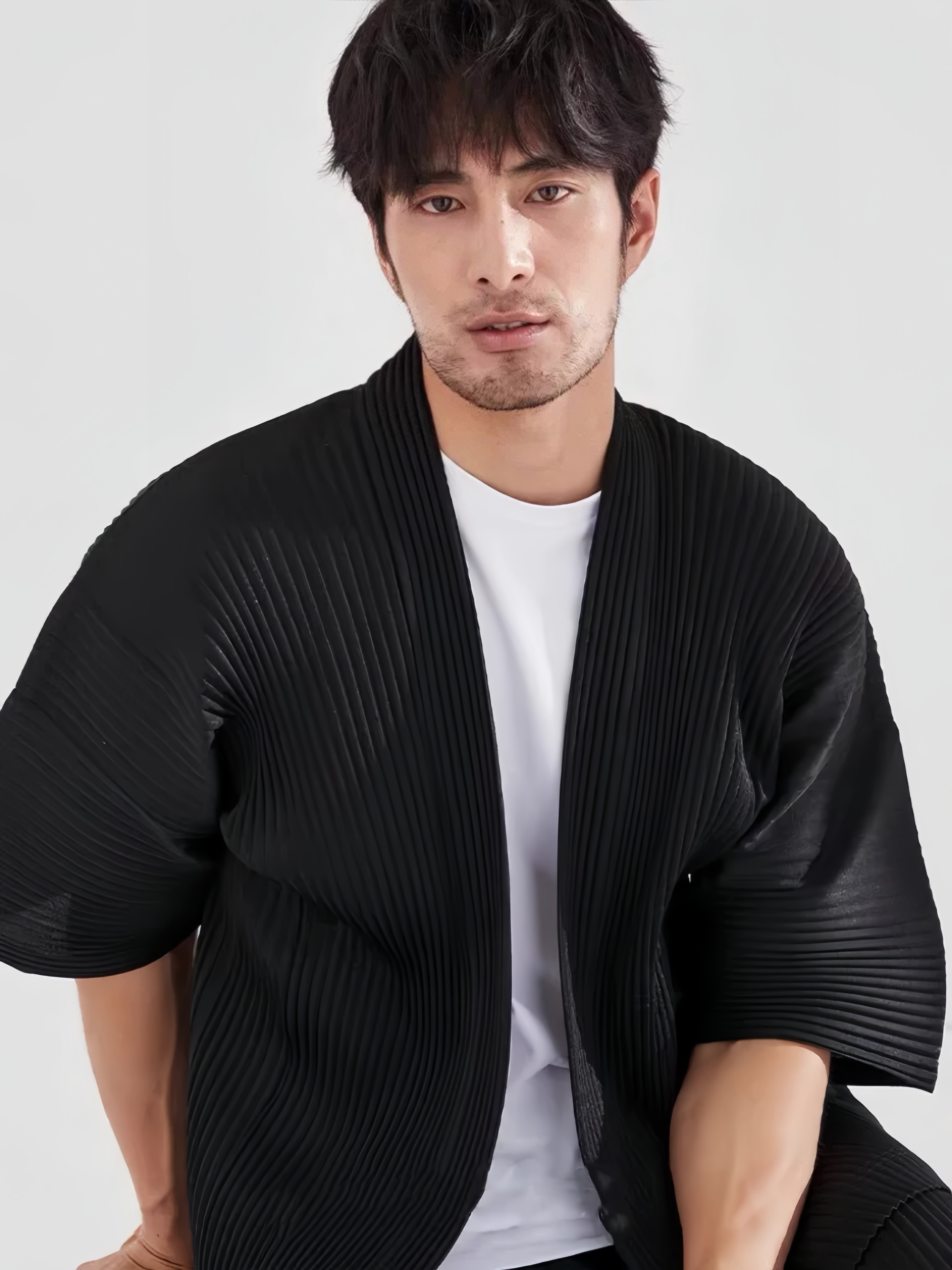 Veste Kimono Plissée Miyake pour Homme, Style Japonais, Manches Courtes, Ouverte sur le Devant, Cardigan Décontracté, Coupe Ample, Haut Streetwear