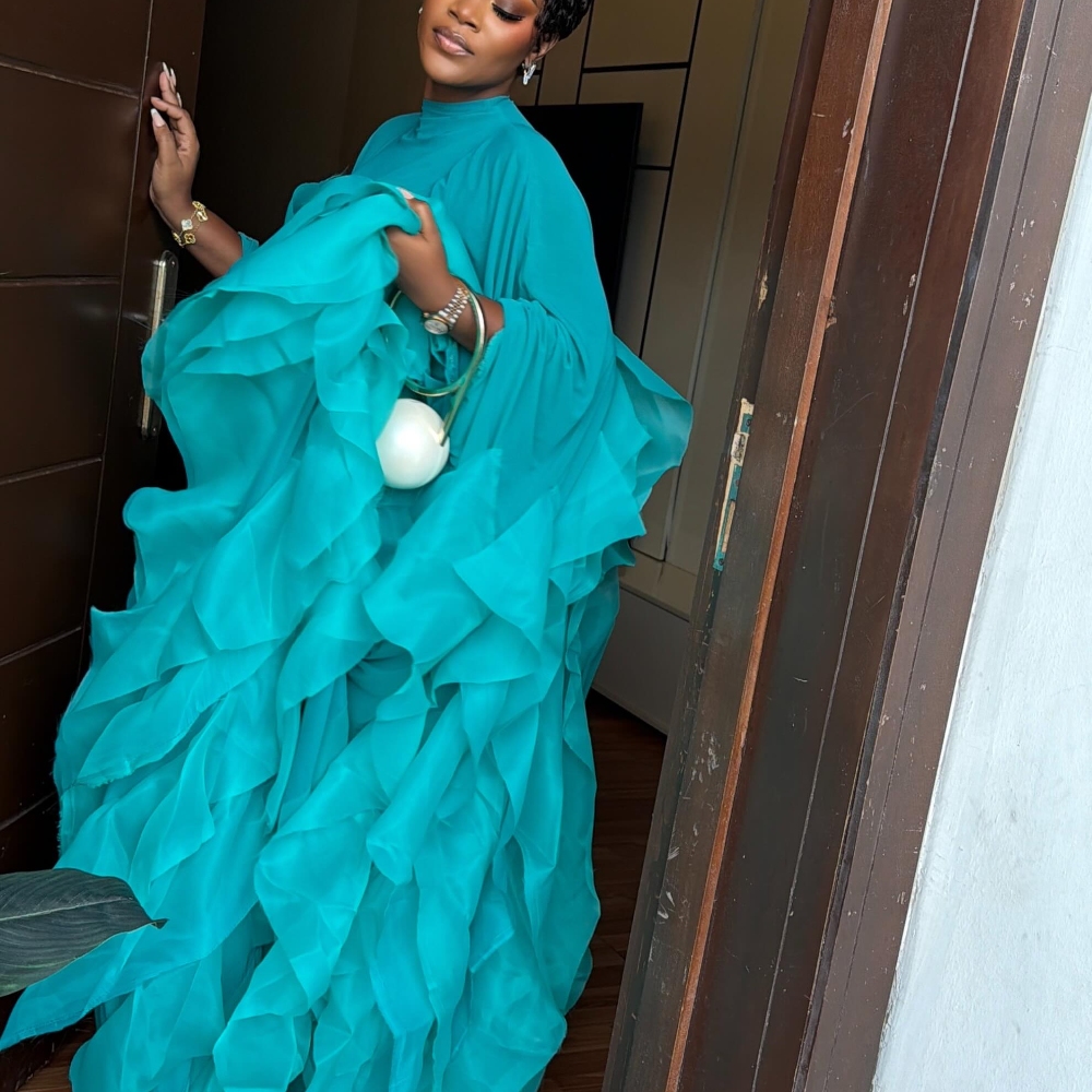 Robe longue plissée turquoise à volants, style africain, en mousseline, col montant, manches longues, superposée, pour soirée et mariage