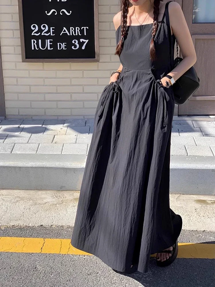 Robe longue à lacets plissée pour femmes, caraco à grandes poches, taille haute, coupe couvertes, mode coréenne, été, nouveau