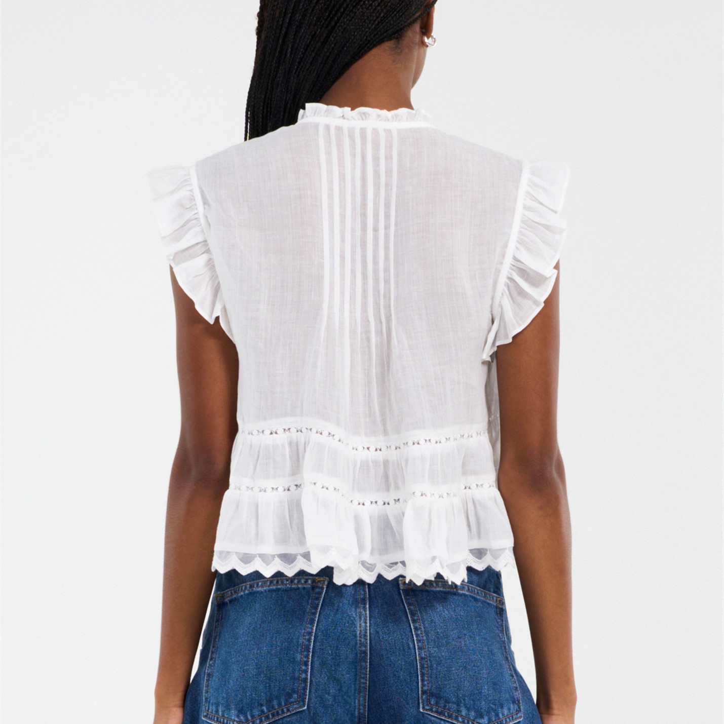 Chemisier Femme à Col V et Manches Volantées avec Dentelle, Boutons sur le Devant, Top Court Transparent Brodé à Motifs, Chemise Décontractée d'Été Style Streetwear