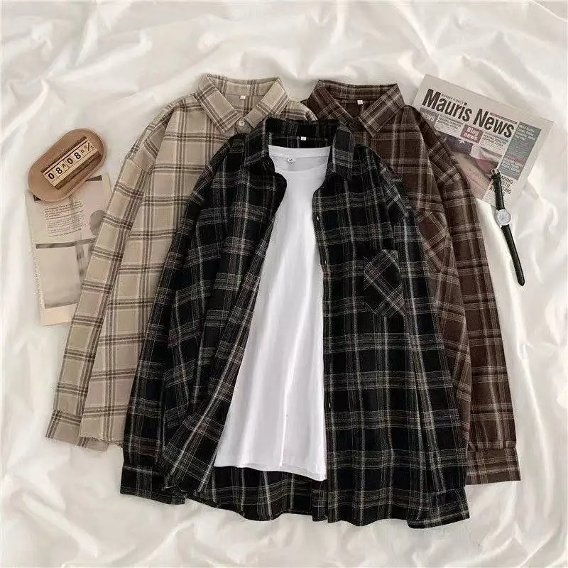 Vintage chemises à carreaux femmes automne à manches longues surdimensionné boutonné chemise mode coréenne décontracté automne vêtements d'extérieur hauts Blusas Mujer