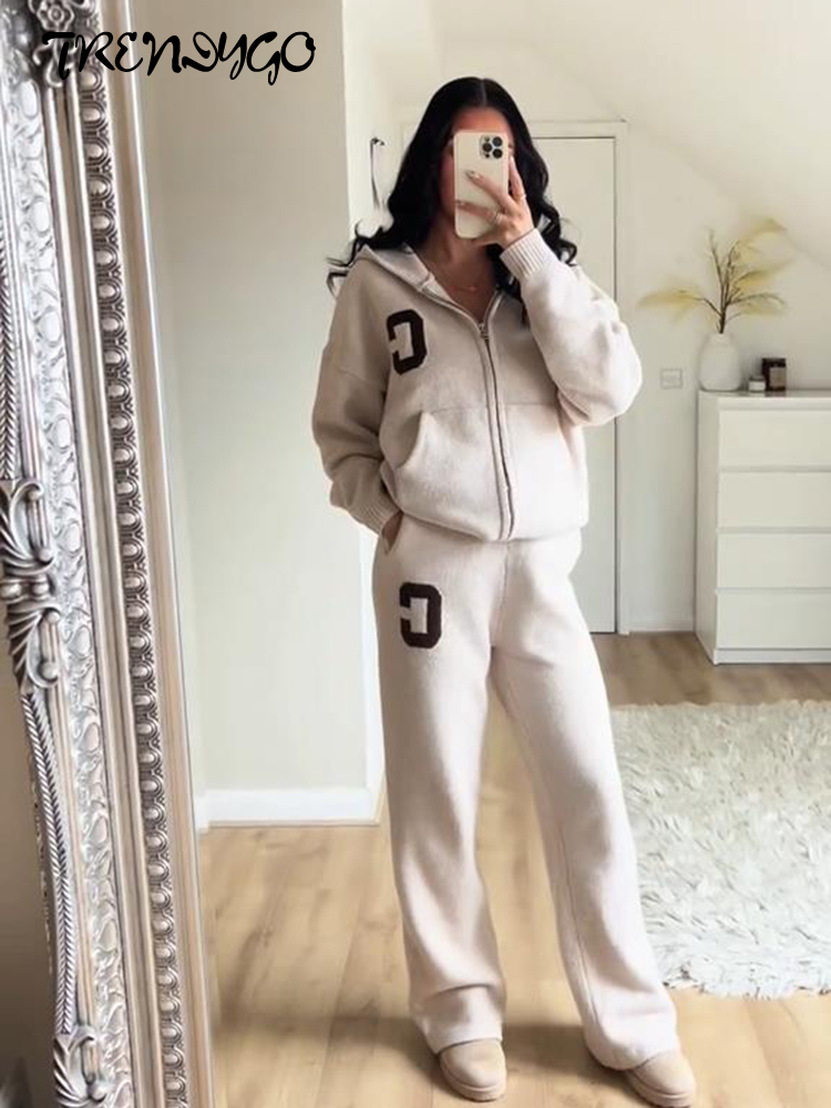 Nouveaux ensembles de pantalons tricotés pour femmes, manteaux oversize à capuche et manches longues zippées, pantalons à jambes larges, tenues amples jacquard pour femme, collection automne