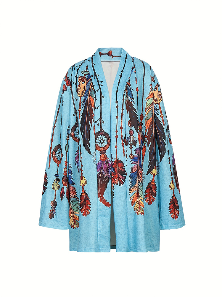 Nouvelle Collection Automne/Hiver 2026 : Cardigan Femme Tendance à Manches Longues, Imprimé Plumes Rétro, Coupe Décontractée, Grandes Tailles