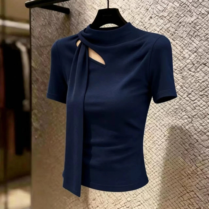 Nouveaux T-shirts d'été à manches courtes, coupe ajustée, ajourés, unis, col rond, style simple et élégant, sexy et tendance pour femmes