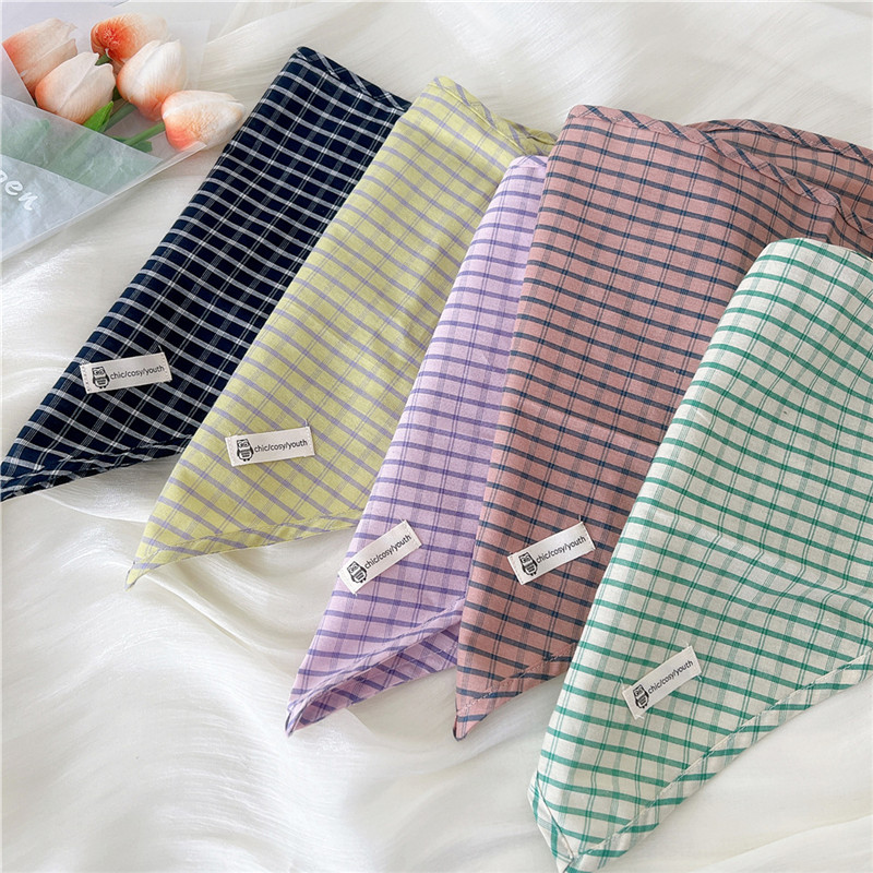 Écharpe Triangle en Coton et Lin pour Femme, Bandanas à Carreaux, Turban avec Sangle, Corde, Printemps, Été, Automne