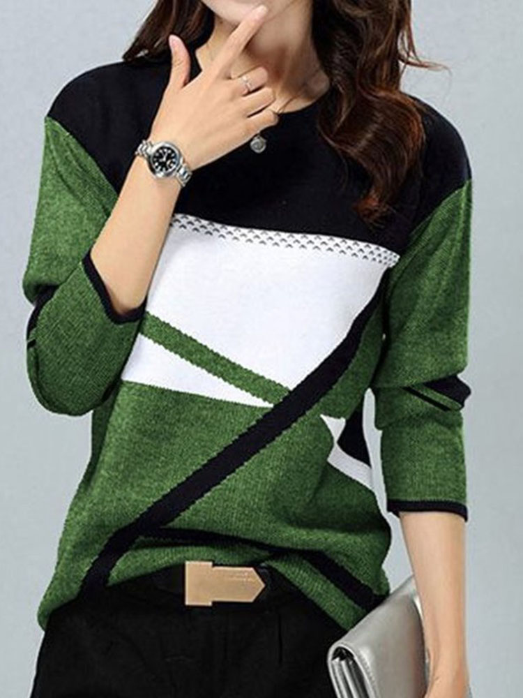 Femmes hiver Blouses t-shirt contraste géométrique à manches longues imprimé lâche femmes chemises printemps automne élégant montre de sport S-5XL