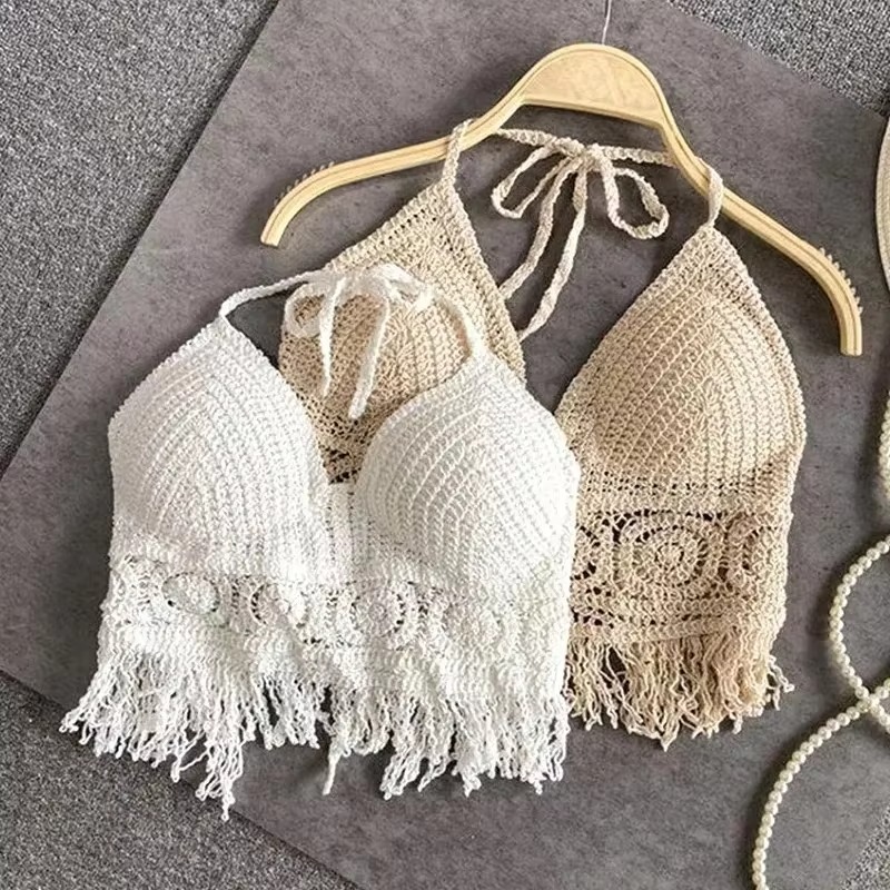 Sexy Boho plage vacances Camisole licou femmes Crochet tricot maillot de bain soutien-gorge dos nu gilet creux gland débardeur femmes hauts courts