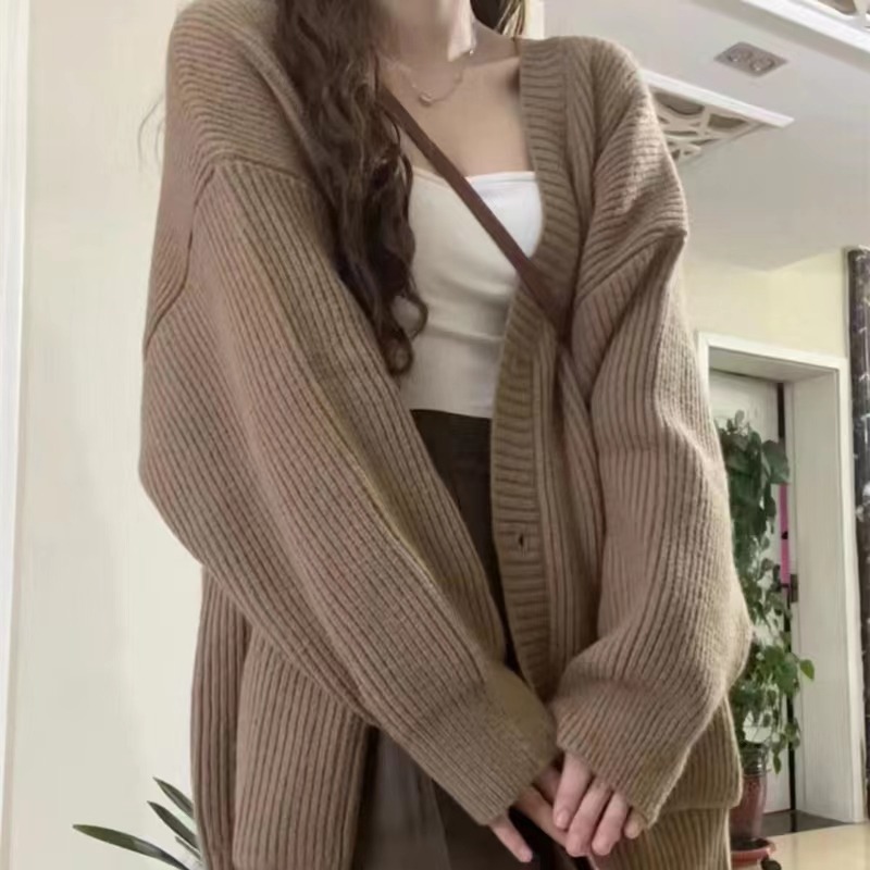 Automne hiver femmes Cardigan pull manteaux mode femme à manches longues col en v lâche tricoté vestes pull décontracté Cardigans