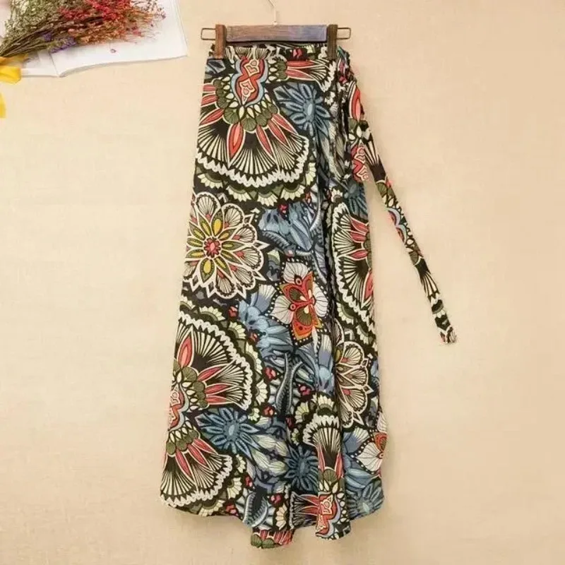 Jupe longue en mousseline de soie à imprimé floral pour femme, taille haute, avec fente, style portefeuille, à nouer sur le côté, pour la plage, été 2026
