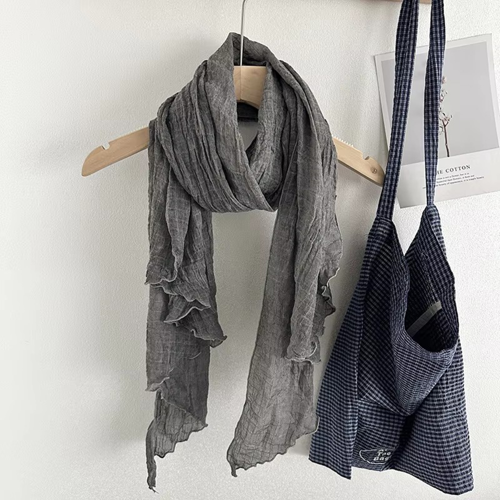 Écharpe artistique rétro en coton et lin pour femmes, châle fin plissé en gaze, couleur Pure, accessoires de mode