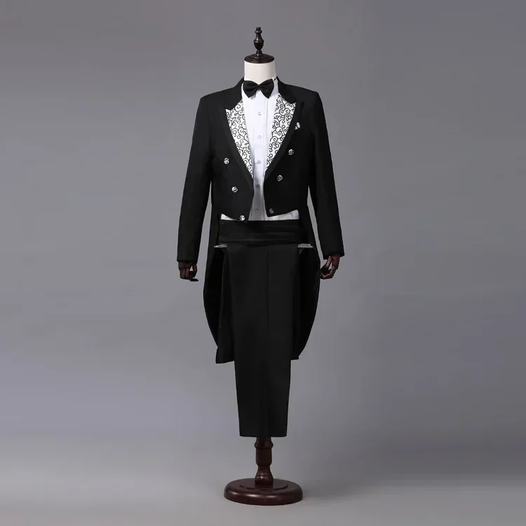 Costume de smoking pour hommes, manteau formel Vintage, coupe cintrée, costume à revers, pantalon de smoking, manteau de queue, veste de scène pour chanteur et magicien