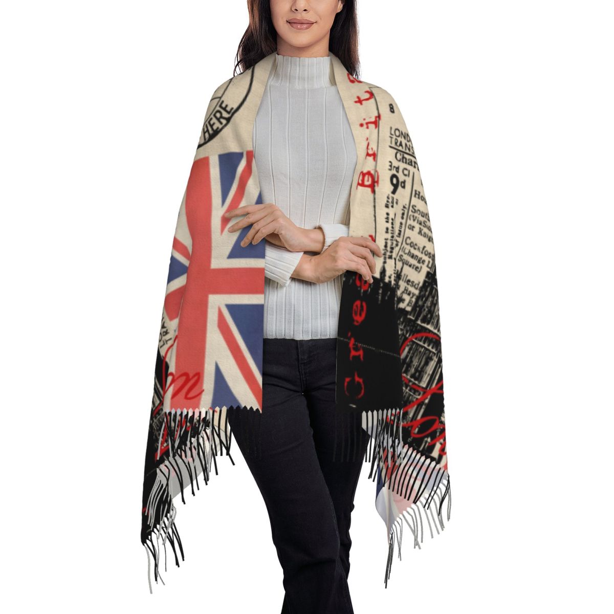 Écharpe à pampilles rétro vintage personnalisée pour femmes, châles chauds, enveloppements féminins, britannique, britannique, Londres, hiver, automne