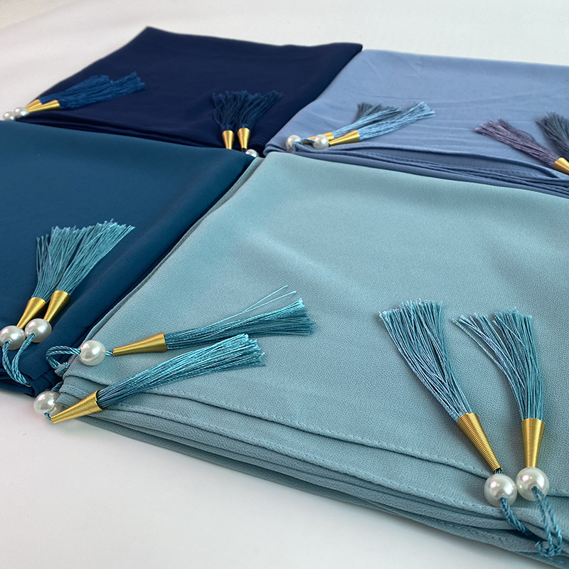 Hijab en mousseline de soie à bulles pour femmes, décoration de gland, document solide, longs châles féminins, foulard, bande de sauna, turbans islamiques pour femmes
