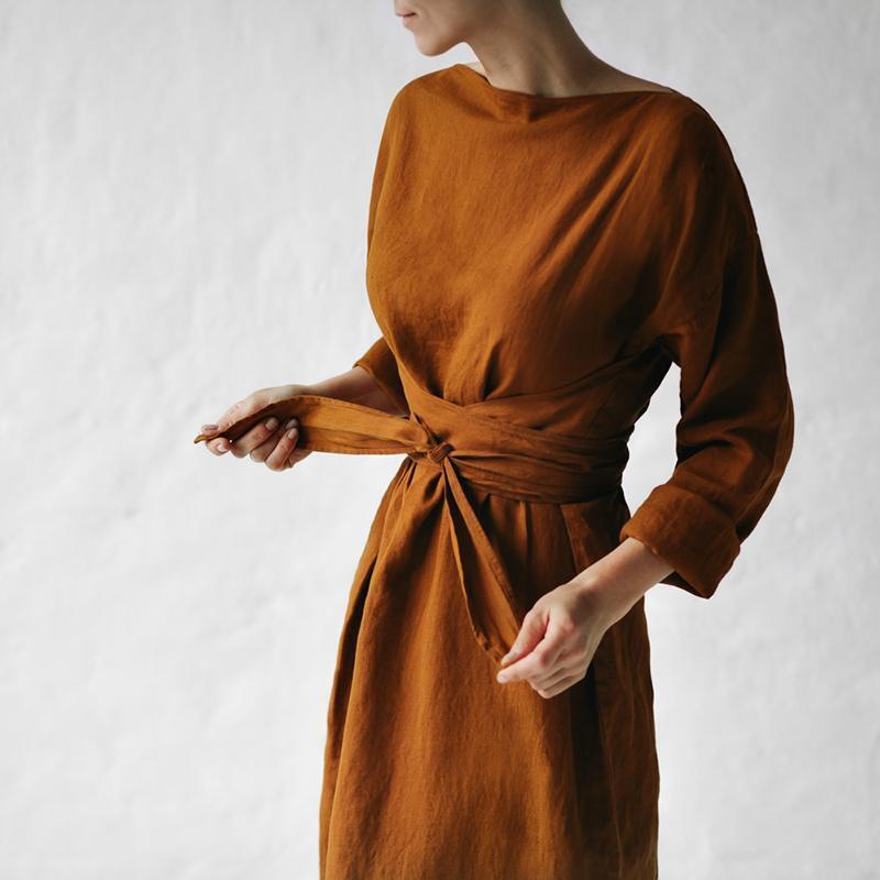 Robe ample en coton et lin pour femmes, manches longues, mode décontractée, couleur unie, avec nœud à lacets, Maxi, élégante, automne 2024