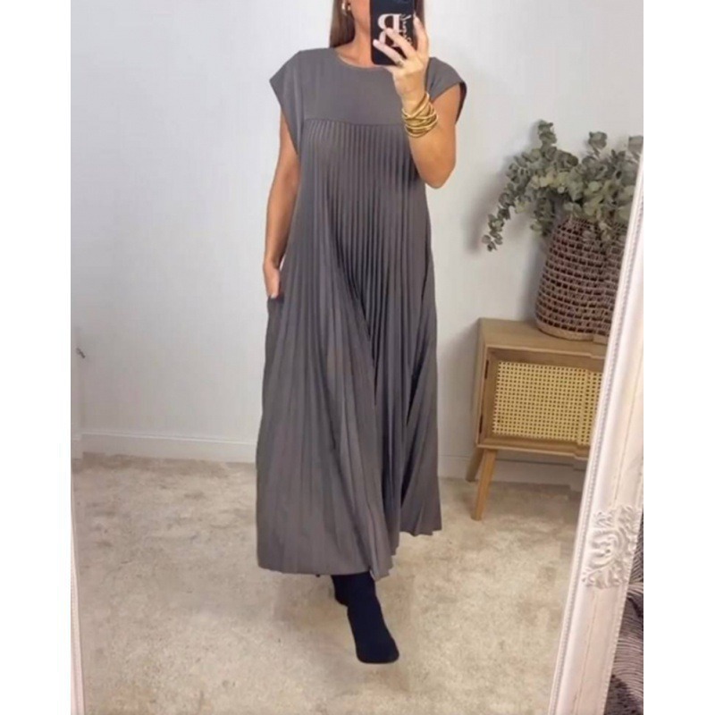 Robe longue plissée sans manches, col rond, élégante et à la mode, nouvelle collection automne 2025