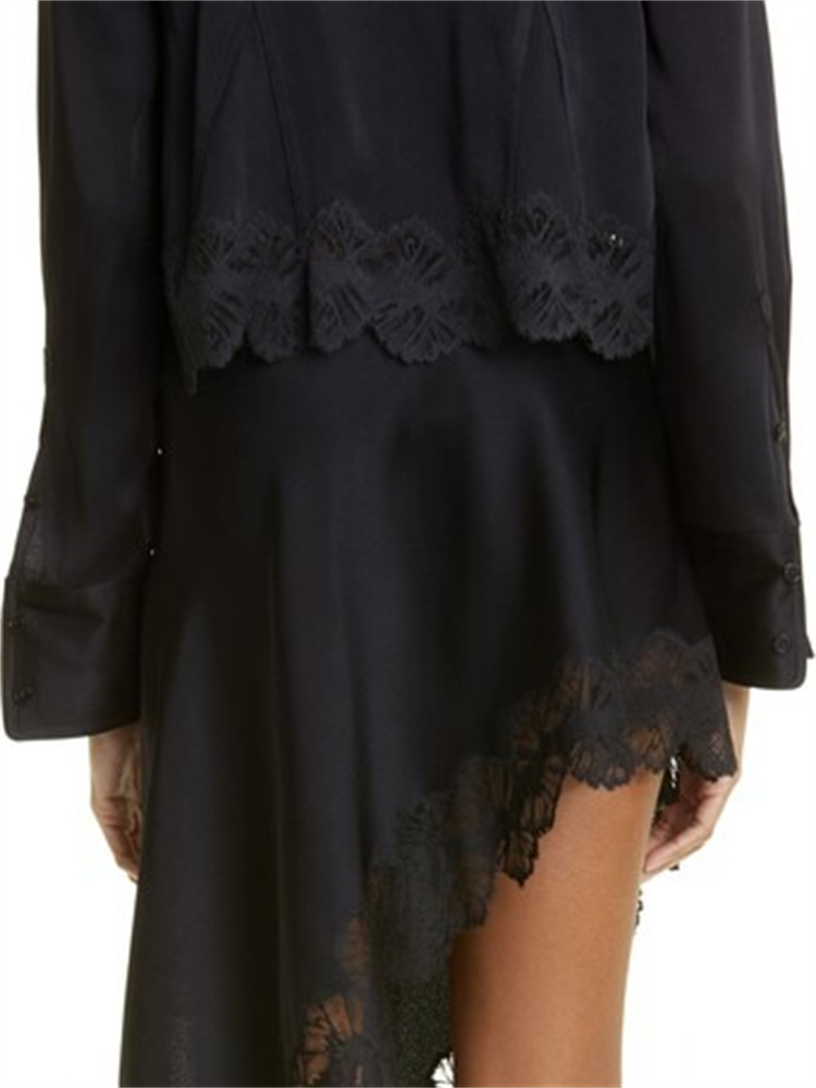 Jupe midi en satin pour femme, bordure en dentelle, ourlet asymétrique, fermeture éclair latérale, jupe élégante, streetwear