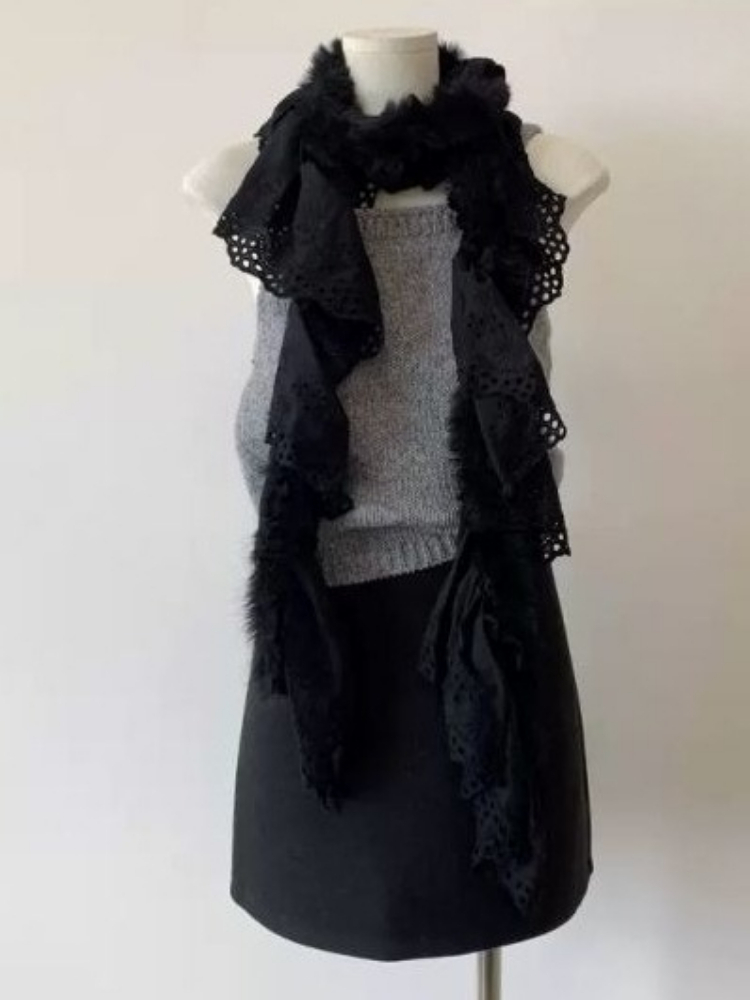 Y2k – foulard en fourrure en dentelle, Patchwork, esthétique, Harajuku, Vintage, broderie de fleurs, foulard féerique japonais ajouré, Grunge