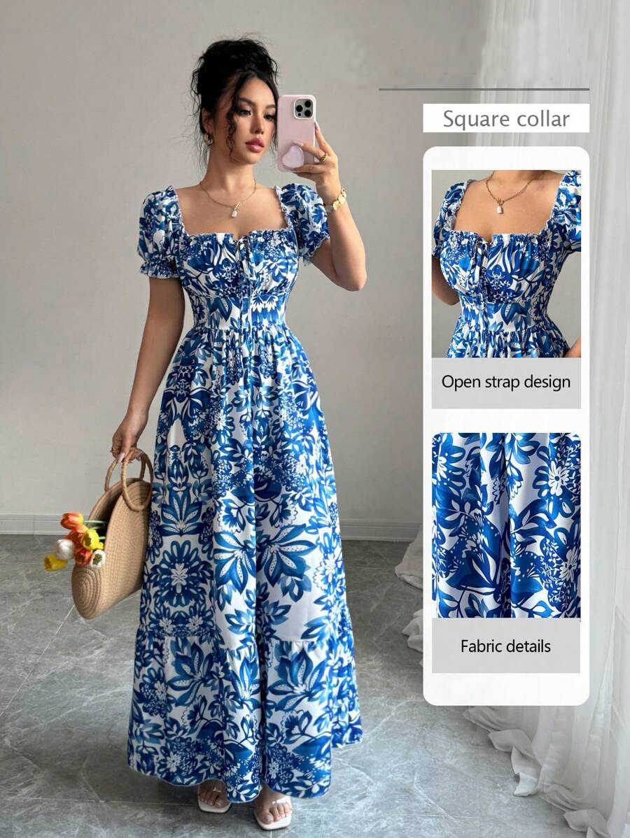 Robe élégante à manches bulles pour femmes, imprimé Floral, robe longue bleue, cravate sur le devant dans le dos, taille froncée, vacances décontractées