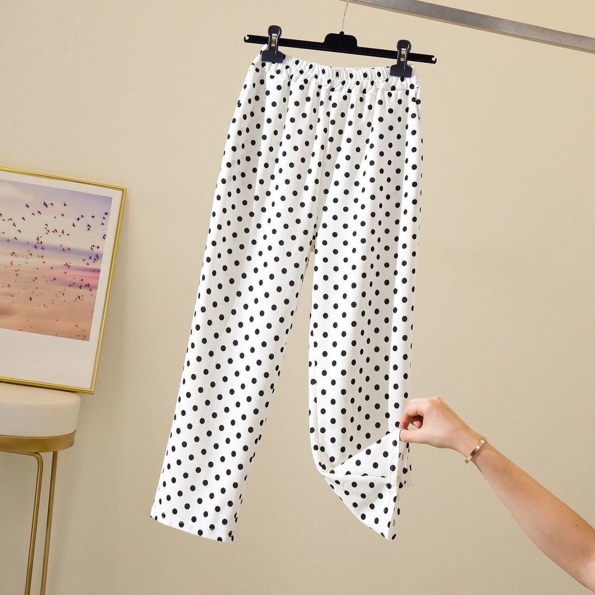 Pantalon à jambes larges pour femmes, survêtement à pois, taille haute, décontracté, chic, poches, été