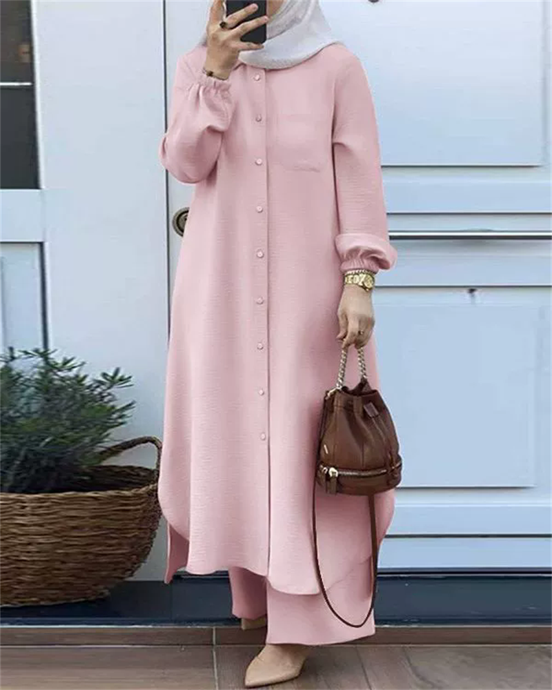 Ensemble de vêtements de sport deux pièces pour femmes, chemise à manches longues, pantalon à jambes larges, monochromatique élégant, vêtements de luxe islamiques, arabe