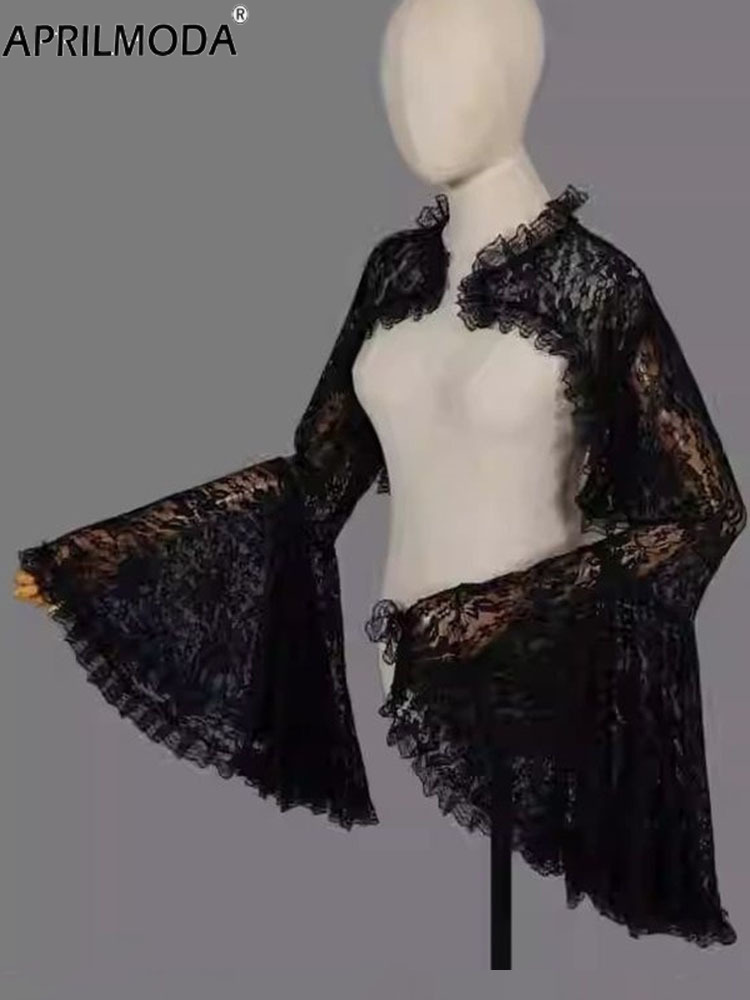 2025 dentelle manches évasées couverture enveloppes pour robes de soirée noir Steampunk Cosplay fête de vacances gothique haussements d'épaules Punk boléro Cardigan