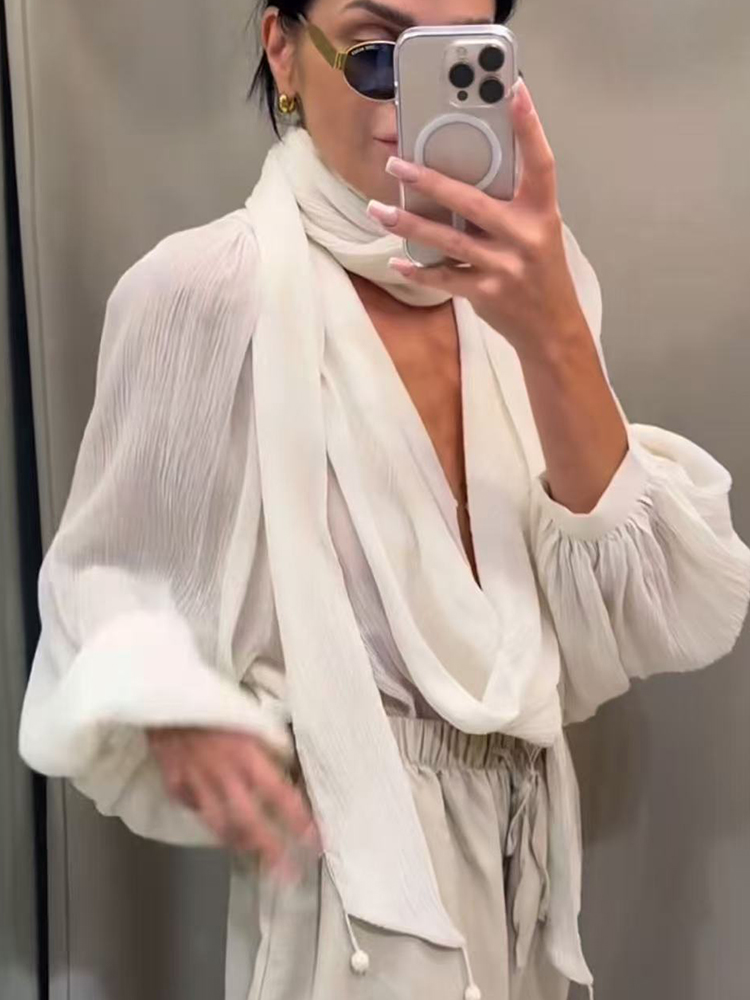 Nouvelle chemise à col écharpe pour femme, élégante, automne, manches longues, col en V, transparente, ample, chemisier tendance 2026, hauts de mode pour femme