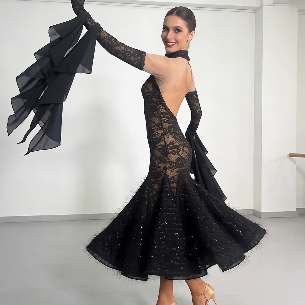 Robe de danse de salon élégante pour femmes, en dentelle blanche, col haut, style sirène, pour la danse de valse, tango moderne, costumes de compétition avec manches à volants